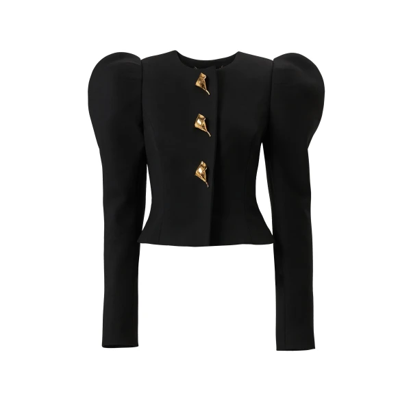Puff Sleeve Jacket with Calla Lily Buttons in Black