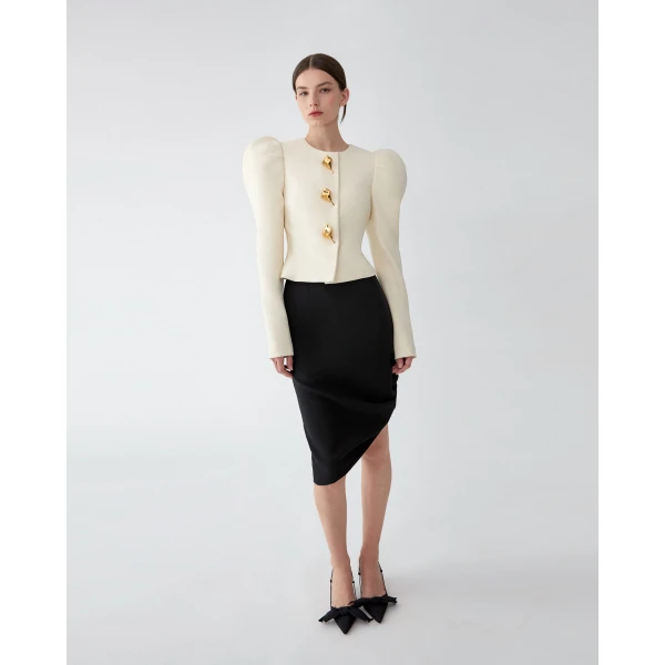 Carolina Herrera Puff Sleeve Jacket with Calla Lily Buttons in Ivory, view 4