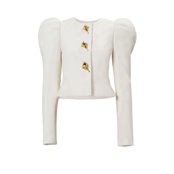 Puff Sleeve Jacket with Calla Lily Buttons in Ivory
