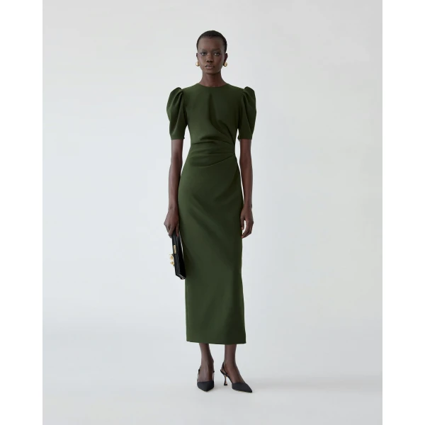 Carolina Herrera Puff-Sleeve Midi Dress in Forest Green, view 2