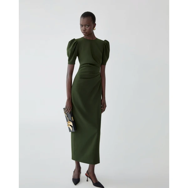 Carolina Herrera Puff-Sleeve Midi Dress in Forest Green, view 4