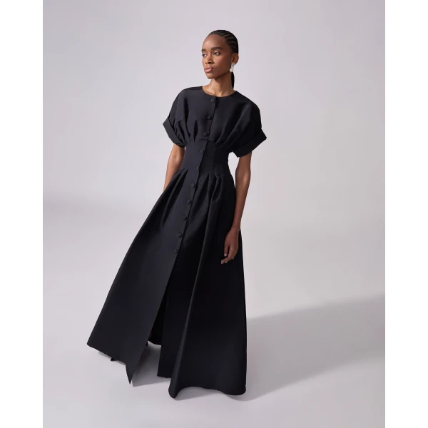 Carolina Herrera Rolled Sleeves Button-Front Gown in Black, view 4