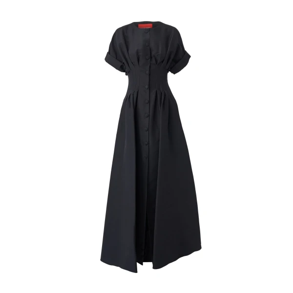 Rolled Sleeves Button-Front Gown in Black