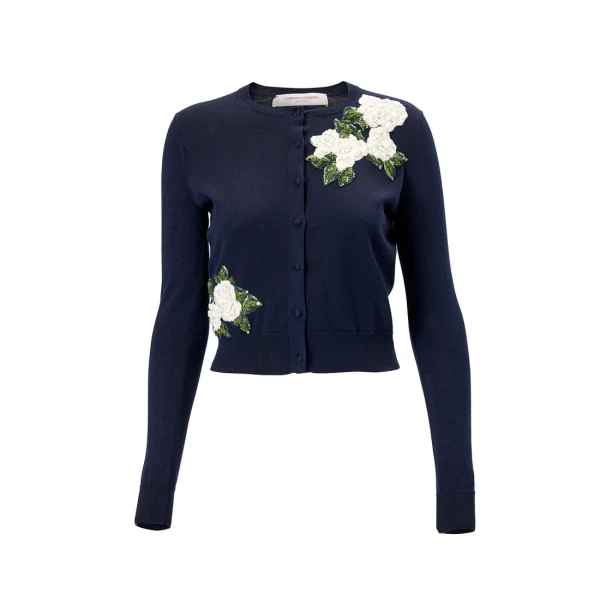 Rose-Embroidered Cardigan in Midnight