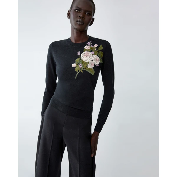 Carolina Herrera Rose-Embroidered Merino Wool Sweater in Charcoal Grey, view 4