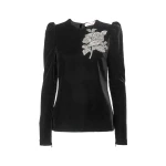 Carolina Herrera Rose-Embroidered Stretch Velvet Top in Black