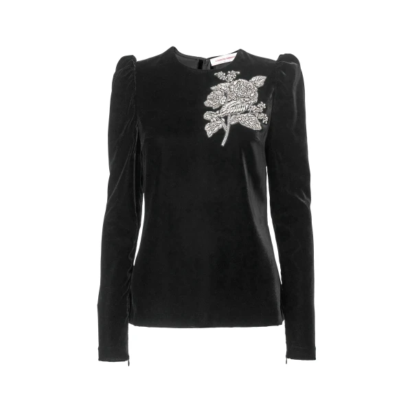 Rose-Embroidered Stretch Velvet Top in Black