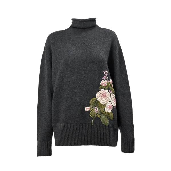 Carolina Herrera Rose-Embroidered Wool-Cashmere Turtleneck Sweater in Charcoal Grey
