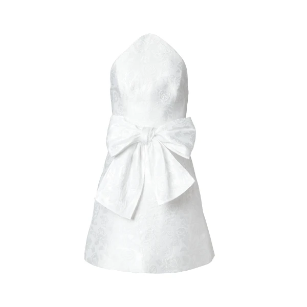 Rose Jacquard Mini Dress With Bow in White