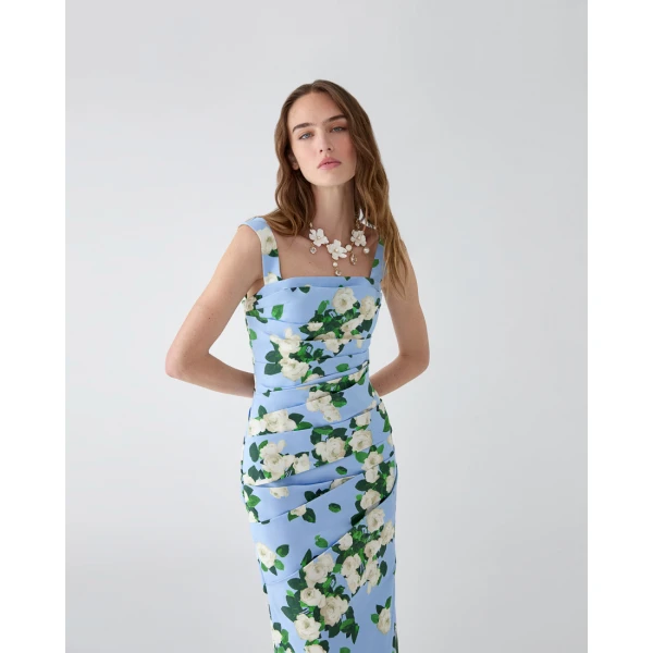 Carolina Herrera Rose-Print Draped Midi Dress in Cloudy Blue Mult, view 4