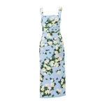 Carolina Herrera Rose-Print Draped Midi Dress in Cloudy Blue Mult