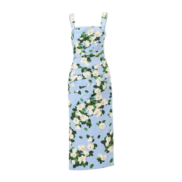 Rose-Print Draped Midi Dress in Cloudy Blue Mult