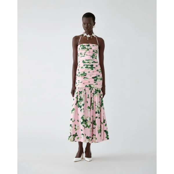 Carolina Herrera Rose-Print Gathered Midi Dress, view 2