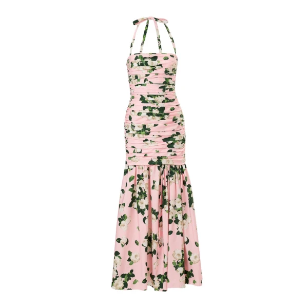 Rose-Print Gathered Midi Dress