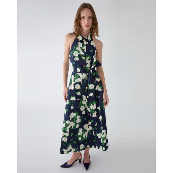 Carolina Herrera Rose-Print Halterneck Midi Dress, view 4