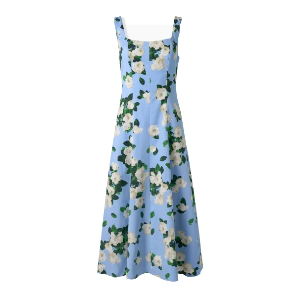 Carolina Herrera Rose-Print Midi Dress in Cloudy Blue Mult