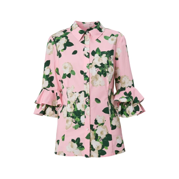 Rose-Print Ruffle-Sleeve Shirt