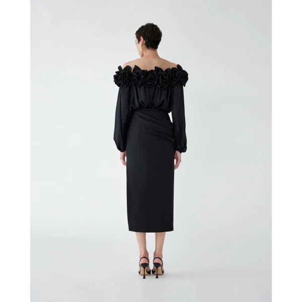 Carolina Herrera Rosette-Sash Midi Skirt in Black, view 3