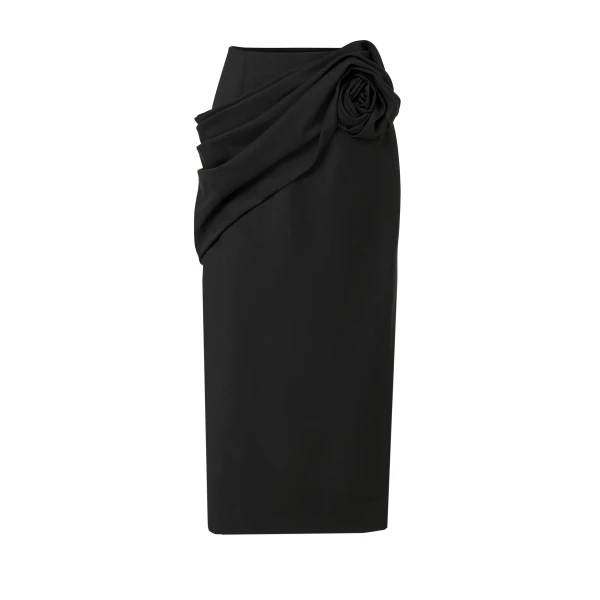 Rosette-Sash Midi Skirt in Black