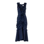 Carolina Herrera Ruched Midi Dress with Ruffles in Midnight