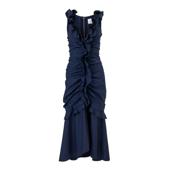Carolina Herrera Ruched Midi Dress with Ruffles in Midnight