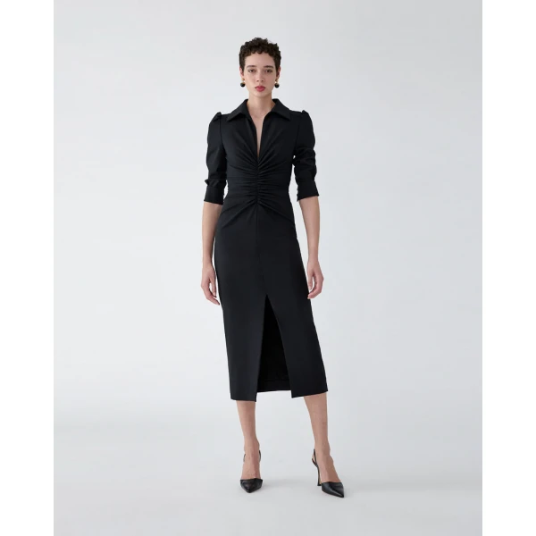 Carolina Herrera Ruched Point-Collar Midi Dress in Black, view 2