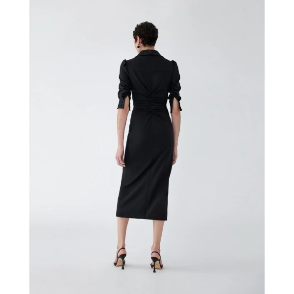 Carolina Herrera Ruched Point-Collar Midi Dress in Black, view 3