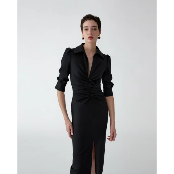 Carolina Herrera Ruched Point-Collar Midi Dress in Black, view 4