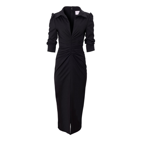 Carolina Herrera Ruched Point-Collar Midi Dress in Black