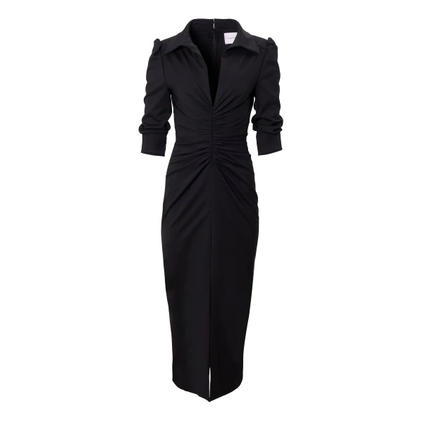 Ruched Point-Collar Midi Dress in Black