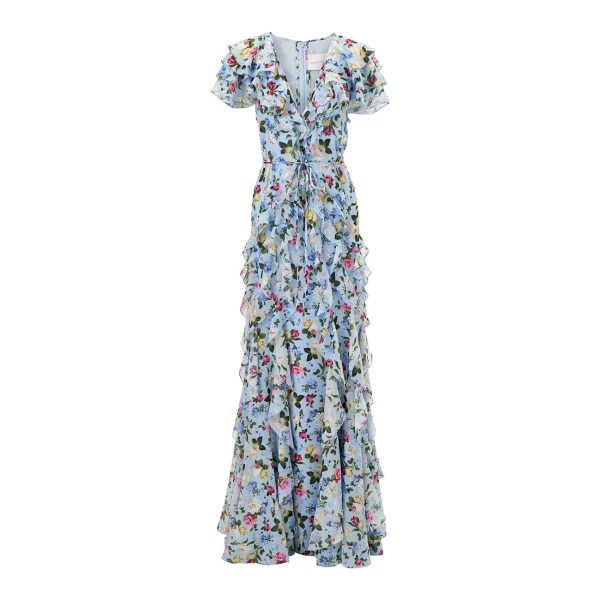 Ruffled Floral-Print Chiffon Gown in Cloudy Blue Mult