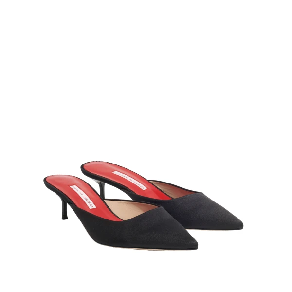 Satin Kitten Heel Mule in Black