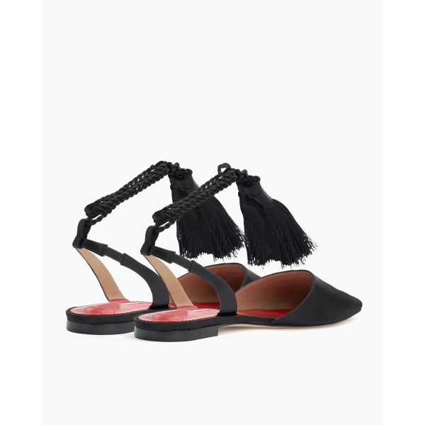 Carolina Herrera Satin Slingback Flats with Tassels in Black, view 4