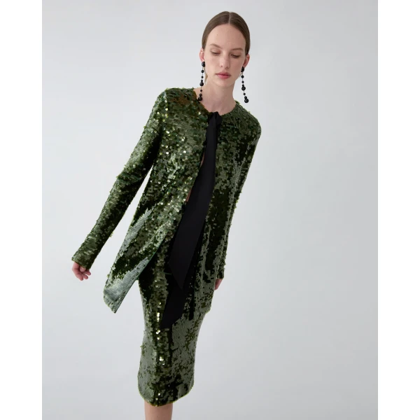 Carolina Herrera Sequined Merino Cardigan in Forest Green, view 4