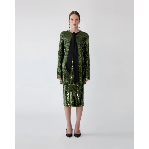 Carolina Herrera Sequined Merino Pencil Skirt in Forest Green, view 2