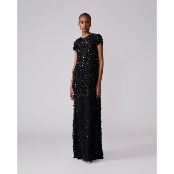 Carolina Herrera Short-Sleeve Sequin Gown in Black, view 2