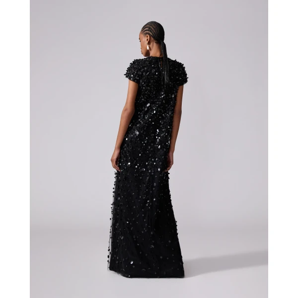Carolina Herrera Short-Sleeve Sequin Gown in Black, view 3