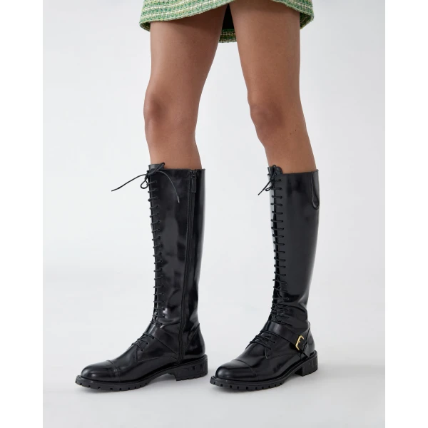 Carolina Herrera Spazzolato Leather Tall Lace-Up Boots in Black, view 2