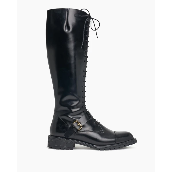 Carolina Herrera Spazzolato Leather Tall Lace-Up Boots in Black, view 3