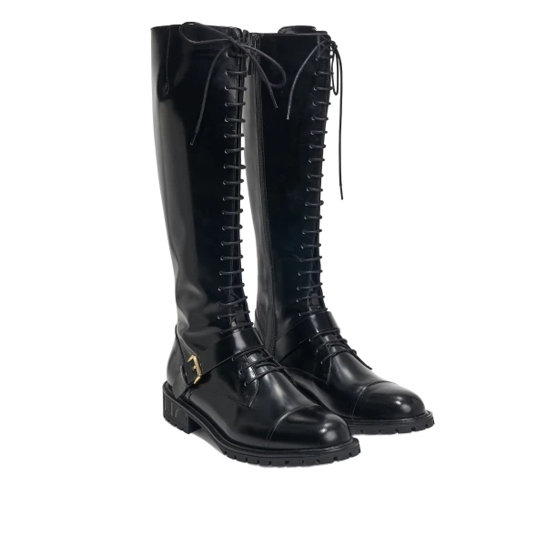 Spazzolato Leather Tall Lace-Up Boots in Black