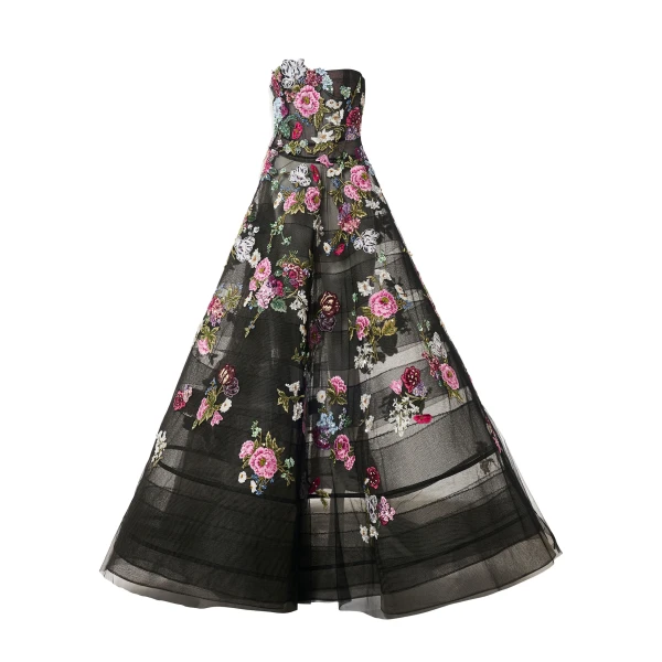 Strapless Ball Gown with Floral Embroidery