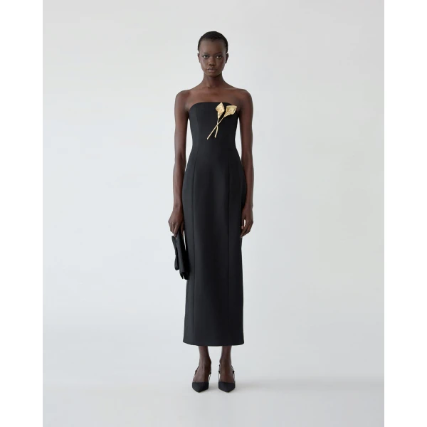 Carolina Herrera Strapless Dress With Calla Lily Brooch in Black, view 2