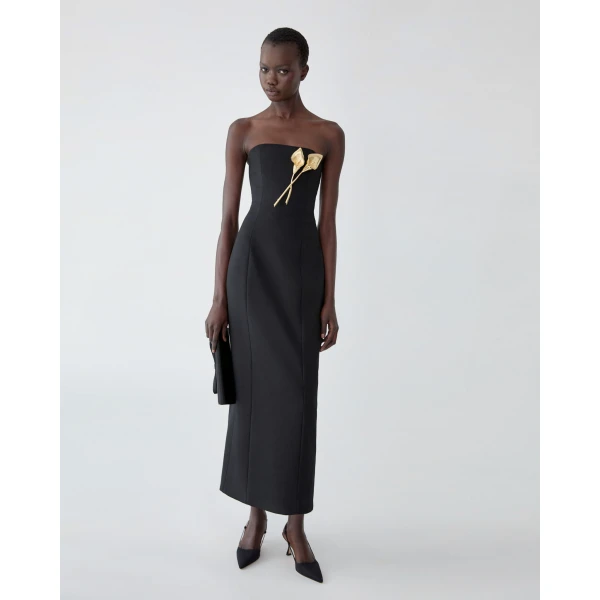 Carolina Herrera Strapless Dress With Calla Lily Brooch in Black, view 4