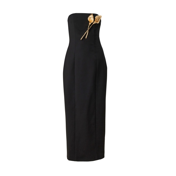 Carolina Herrera Strapless Dress With Calla Lily Brooch in Black
