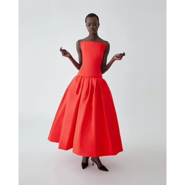 Carolina Herrera Strapless Drop-Waist Gown in Chili Red, view 4