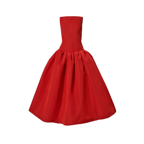 Carolina Herrera Strapless Drop-Waist Gown in Chili Red