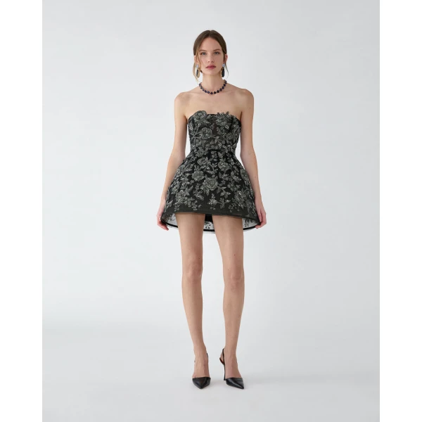 Carolina Herrera Strapless Minidress with Pewter Floral Embroidery, view 2