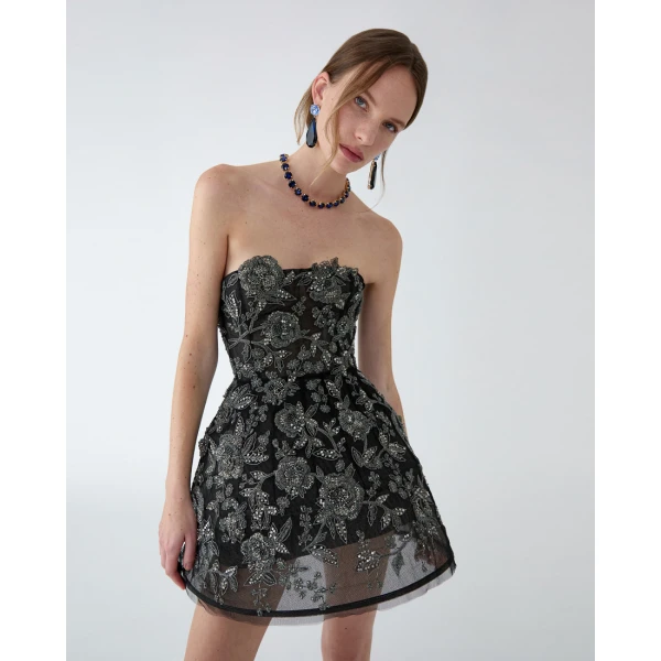 Carolina Herrera Strapless Minidress with Pewter Floral Embroidery, view 4