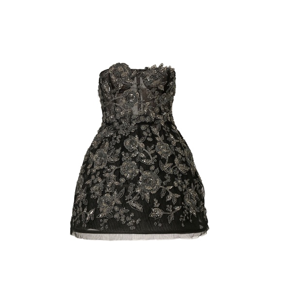Carolina Herrera Strapless Minidress with Pewter Floral Embroidery
