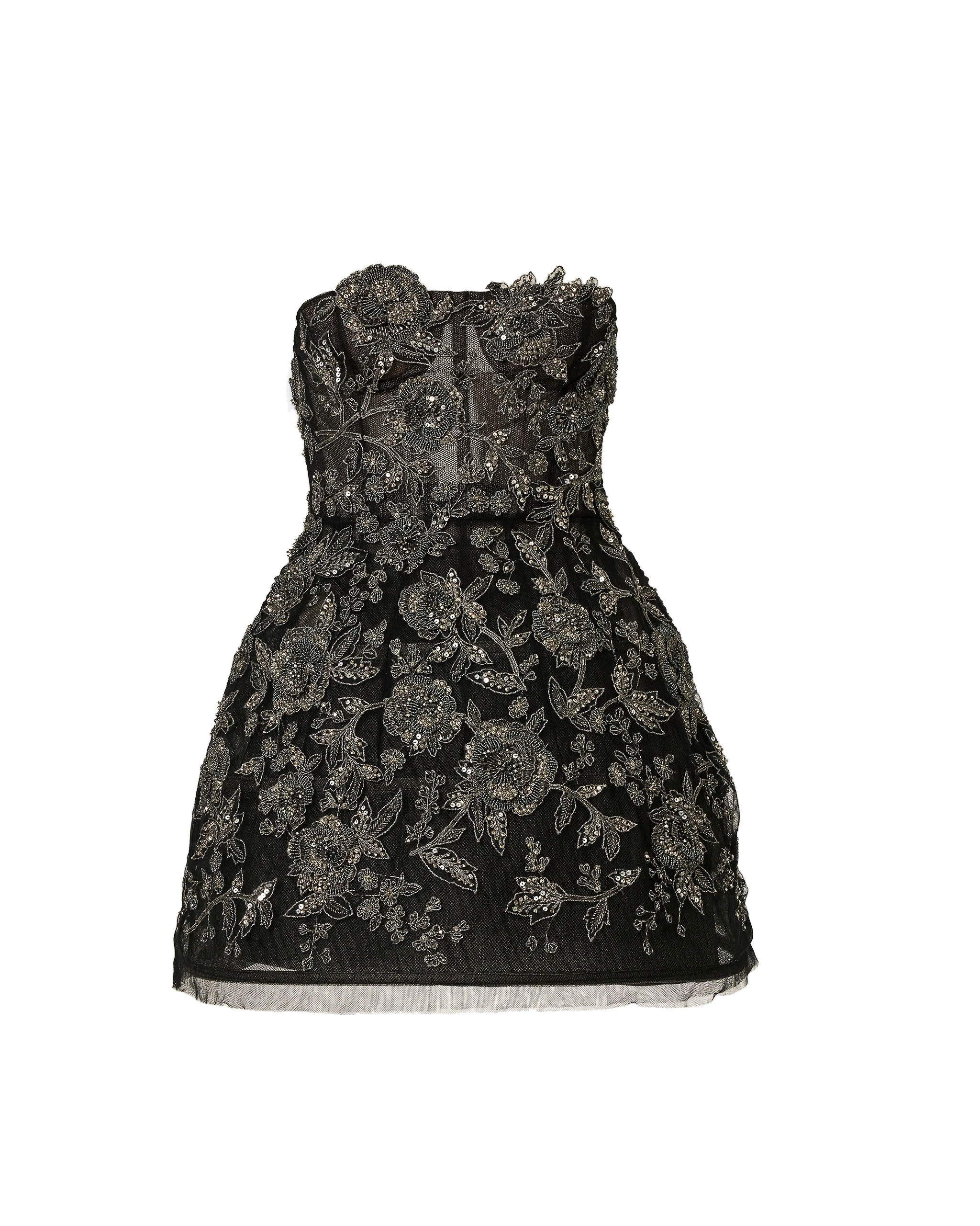 Carolina Herrera Strapless Minidress with Pewter Floral Embroidery | Dresses | Coveti Carolina Herrera Strapless Minidress with Pewter Floral Embroidery